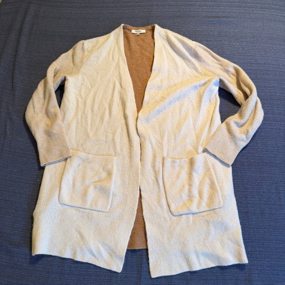 Madewell Women Colorblock Open Front Cardigan Wool Alpaca Blend Cream Tan Small